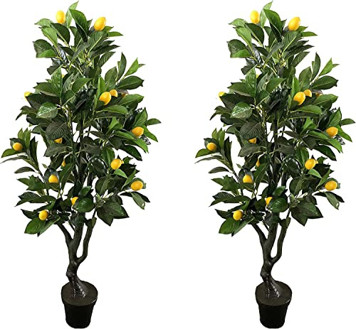 AMERIQUE Pair 4 Feet Gorgeous & Lifelike Six-Branch Artificial Trees with Various Size Lemon Fruits, with Nursery Pot, Real Touch Tech, 48, Yellow and Green