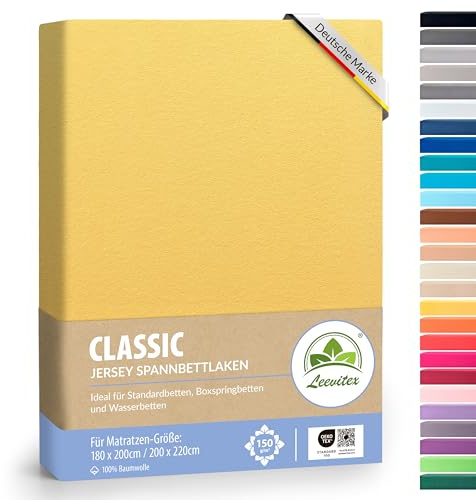 leevitex® Premium Wasserbett & Boxspringbett Spannbettlaken | 100% Baumwolle | 150 g/m² | Markenqualität | Ökotex |180 x 200 – 200 x 220 cm - Gelb