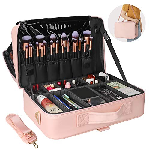 Relavel Reise-Make-up-Tasche, Reise-Kosmetikkoffer, Organizer, tragbare Künstler-Aufbewahrungstasche mit verstellbaren Trennwänden für Kosmetik, Make-up-Pinsel, Toilettenartikel, Schmuck, B-pink
