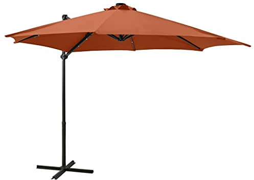 vidaXL Cantilever Garden Umbrella with Solar-Powered LED Lights, Tilt & Rotate Mechanism, UV Protection - Terracotta, 300 cm Diameter