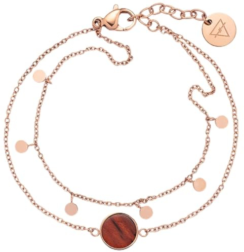Kerbholz Holzschmuck – Geometrics Collection Circle Double Bracelet, filigranes und doppelreihiges Frauen Armband mit Kreis Anhänger aus Naturholz, größenverstellbar (15 cm + 2,5 cm) (roségold)