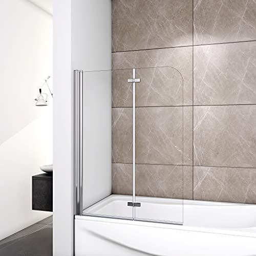 Acezanble Pare-baignoire à 2 volets 110x140cm,écran pliant et pivotant, 6mm verre anticalcaire