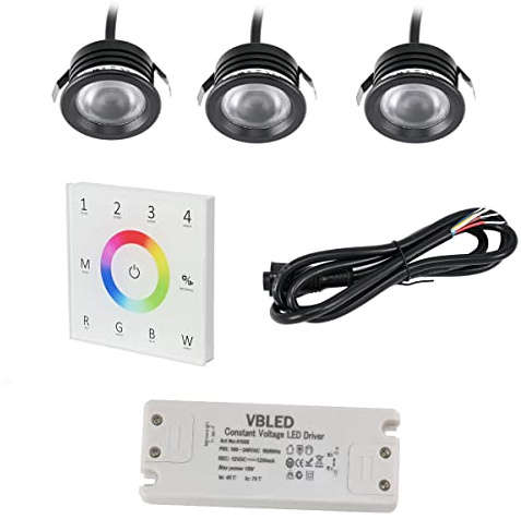 VBLED® 3er Set RGB+WW Einbaustrahler 3X3W 12VDC schwarz inkl. Wandsteuerung und Netzteil…
