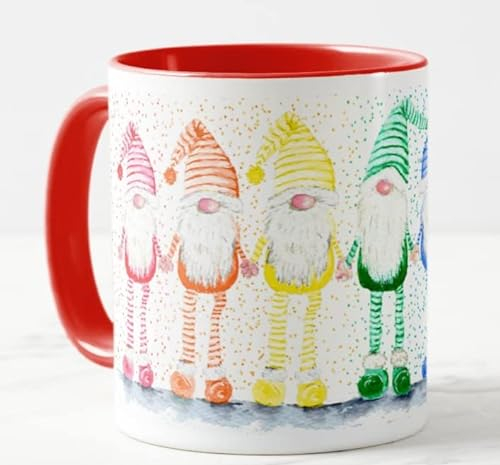 Vixar Rainbow Gonk Watercolour Art Coloured Mug Cup Gift Birthday Work Office Christmas Tea Coffee (Red)