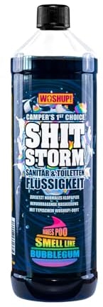 WOSHUP Sanitärflüssigkeit Toiletten-Flüssigkeit für Campingtoilette mit Bubblegumgeruch -1000 ml - Sanitär-WC-Zusatz für Fäkalientank, Abwassertank, Kassetten- und Chemietoiletten (1 Liter)