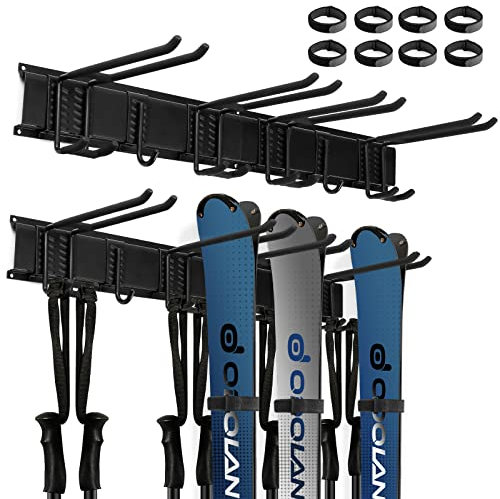 Odoland Kit de Support de Rangement à Skis pour Snowboards de 4 Paires, avec 4 Crochets, 8 Sangles en Velcro, 2 Plaque d'Accrochage, Support Mural Skis pour Maison et Garage, Jusqu'à 300 LBS