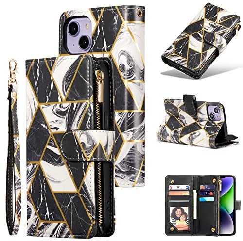 DEFBSC Case for iPhone 13/iPhone 14,Premium PU Leather Geometric Marble Pattern Zipper Wallet Case with Detachable Wrist Strap, Magnetic Closure Card Slots Shockproof Marble Flip Cover Case - Black