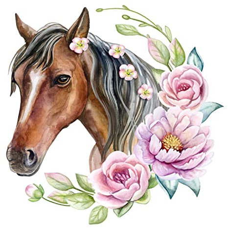 237 Wandtattoo Pferd Kopf braun mit Blumen Kinderzimmer Sticker Aufkleber Größe 750 x 980 mm - in 5 Größen - Kinderzimmer Sticker Wandaufkleber Wandsticker Wanddeko Wandbild