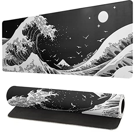 Japanische schwarze Meereswelle, abstraktes schwarzes Gaming-Mauspad, 80x20 cm, Meereswelle, Textur, rutschfeste Gummiunterseite, Welle, großes Mauspad, Schreibtischunterlage für Büro, Zuhause