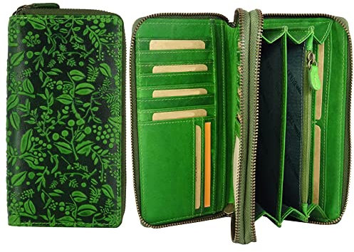 Hill Burry Geldbörse für Damen | XXL Groß Leder Geldbeutel Doppelter Reißverschluss RFID Schutz | Portemonnaie langes Portmonee | 27 Kartenfächer | 20x11x3,5cm (B x H x T) (Grün)