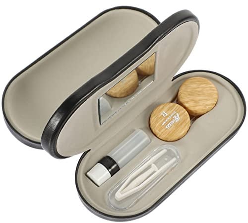 Case and Glasses Case, Double Sided Dual Use Design, 2 in 1 ContactLens Case with Mirror Remover for Men & Women, Wood Color