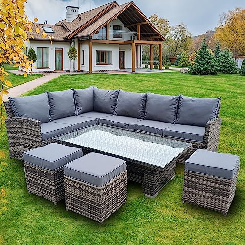 9 Seater Rattan Garden Furniture Set, Patio Dining Table Set with Height Adjustable Rising Table, Padded Corner Sofa, 3 Stool Outdoor Corner Sofa Set, All-Weather Patio Conservatory Set- Rising Table