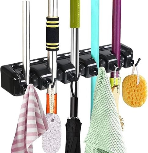 MY HOMIE Broom Holder Wall Mounted and Garden Tool Storage, Utility Room Accessories Rack Storage Solutions, Cleaning Cupboard Clips Organiser, Kitchen Mop Holder with 6 Hooks 5 Slots Command Gripper