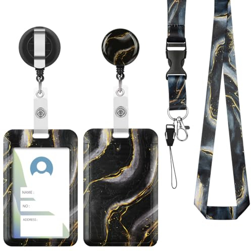 Vicloon Lanyard mit ID Kartenhalte, 2 Stücke Einziehbare Badge Holders Ausweishülle, Ausweishalter mit Clip, Schlüsselbänder mit Schnellverschluss Schnalle(schwarzer Marmor)