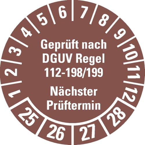 Dreifke® Aufkleber I Prüfplakette Geprüft nach DGUV 112-198/199 25-28, braun, Ø 30mm, 18 Stück