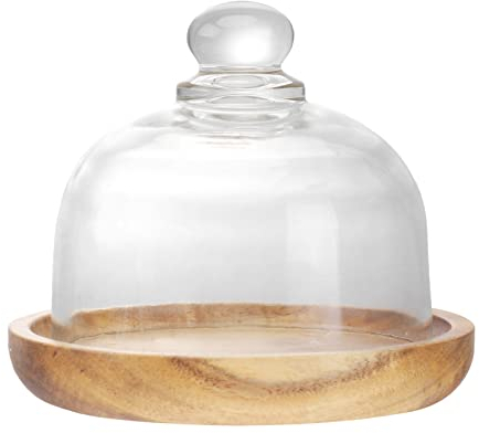HOLIDYOYO Wooden Cake Stand with Glass Dome Mini Cake Plate Cake Cupcake Display Server Tray Cloche Clear Glass Bell Jar Cover for Dessert Candy Cheese Plants Succulents