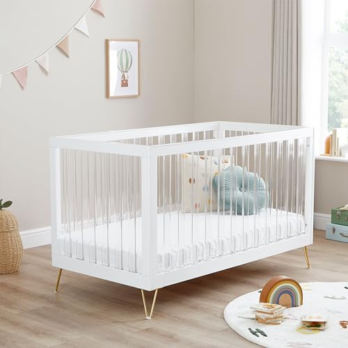 Babymore Kimi XL Acrylic Baby Cot Bed - Convertible Toddler & Day Bed Up to 5 Years, Modern Acrylic Slats, Hairpin Metal Legs, Without Mattress, 3 Adjustable Mattress Positions, Teething Rails