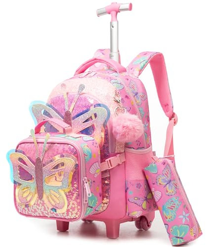 HTgroce Cartable a Roulette Fille Primaire, Cartables Scolaire Trolley Bag Sac à Dos avec roulettes Cartable Ensemble de Sac de Voyage pour L'école, Le Voyage, la randonnée.