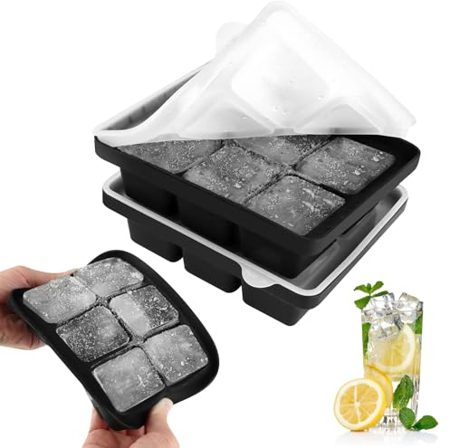 VFANDV 2 Stück Eiswürfelform, 6 Fach Silikon Eiswürfelbehälter mit Deckel Große Quadratische Eiswürfel Stapelbar Eiswürfelschale für Bier Wein Whisky Cocktail Und Baby Snack Inklusive
