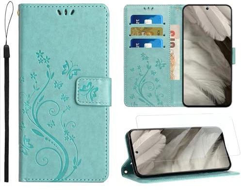 Anshow for Google Pixel 8A Wallet Case with Screen Protector, with Wrist Strap, Flip Leather Case with Cards Holder Phone Case with Kickstand Cover for Google Pixel 8A, Green