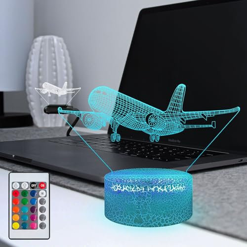Masshomi 3D-Nachtlicht, 16 Farbwechsel, Illusion, USB-Touch-Fernbedienung, Flugzeug, Pilot, Hubschrauber, Kämpfer, Junge, Geschenk, tragbare Dekoration, Wohnzimmer, Kinderzimmer, Lampe leuchtet mit