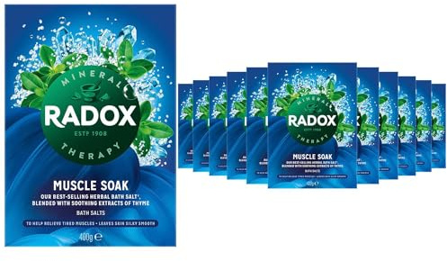 Radox Muscle Soak Bath Therapy Thyme Scented Herbal Bath Salt with expertly Blended Herbs and Minerals to Soothe and soak Your Tired and Aching Muscles, 400g Multi Pack (12)