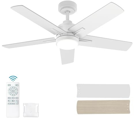 Ventilador de techo blanco de 42 pulgadas con luz y control remoto. Ventilador de techo LED regulable de 3 temperaturas de color. Motor CC reversible de 6 velocidades. Ventiladores de techo modernos