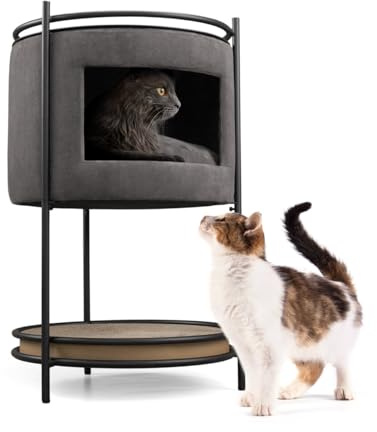 CanadianCat Company | Neko Beistelltisch mit Katzenhöhle inkl. Kratzpappe - Anthrazit | 43 x 43 x 70 cm