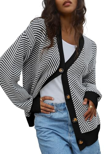 Dokotoo Strickjacke Damen Langarm V-Ausschnitt Streifen Strickjacken Herbst Elegant Kurz Strickpullover Knopfleiste Open Front Strick Cardigan Baumwolle Sweater S-XXL