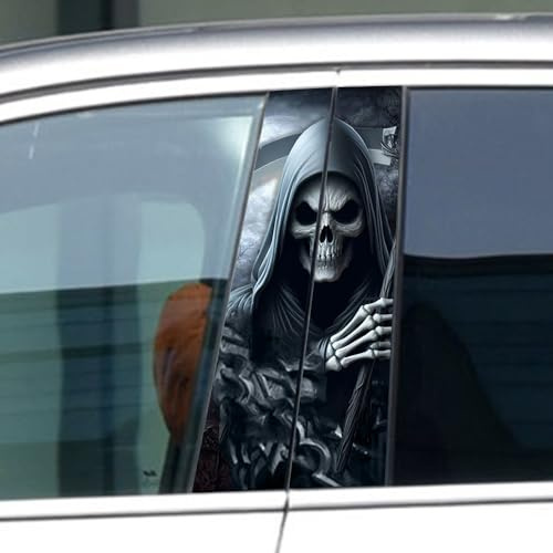 Leniutor 1 Pair Halloween Skull Stickers and Decals, Horror Gothic Skull Skeleton Car Center Pillar Stickers for Cars Window Door Halloween Peeking Sticker Decal 11 x 18.9 (Death/Blue)