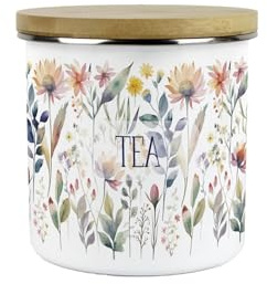 Purely Home Pastel Flowers Tea Storage Canister - Pretty Watercolour Floral Homewares Gifts - White Metal Enamel Medium Sized Kitchen Food/Drinks Storage Container