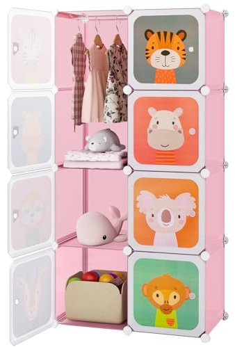 COSTWAY 8/12 Cube Children Clothes Closet, Cartoon Modular Wardrobe with Hanging Sections, Kids Storage Unit for Children Room, Nursery, Bedroom