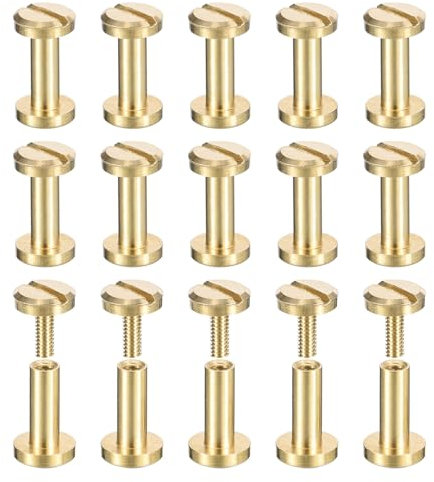 sourcing map 25Pack Brass Chicago Screws, 8x6mm Flat Head Screw Back Binding Post Nail Stud Rivets for DIY Leather Craft Belt Strap, Brass Tone