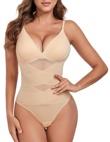 heekpek Body Moldeador Mujer Faja Reductora Control de Abdomen Corsé Cruzado de Malla Shapewear Bodysuit Body Reductor con Sujetador y Tanga, Beige, L