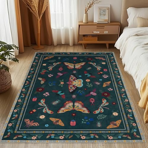 MOSISO 121 x 182cm Teppich für Wohnzimmer,rutschfest Vintage Schmetterling&Insekt Niederflur Teppich,Kunstwolle Rechteckig Waschbare Teppiche Für Wohnzimmer Schlafzimmer Esszimmer Zuhause,Grün