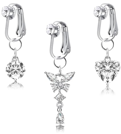 viallolipa 3/5 Stück Fake Bauchnabelpiercing, Fake Piercing bauchnabel, Silber Bauchnabelpiercing Chirurgenstahl Clip Herz Kristallkugel Schmetterling Blume Anhänger, Damen Kein Piercing Schmuck