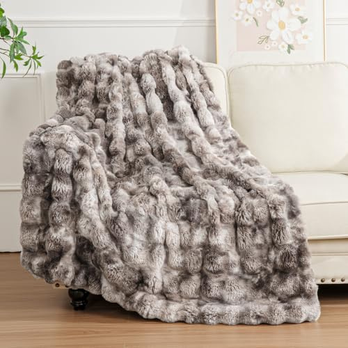 Enyhom Bubble Decke 127x152 cm Grau, Kaninchen Fellimitat Flauschig Weiche Warme Kuscheldecke, Sofadecke für Sofa Couch Bett Haustier Schlafzimmer Wohnzimmer Deko