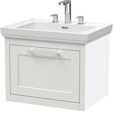 Balterley Vanity Unit with Basin Wall Hung, Single Drawer Soft Close with 3 Tap Hole Rectangular Sink and Handle, Bathroom Vanity Units, Traditional Sink Cabinet - 630 x 471 x 515mm (White)