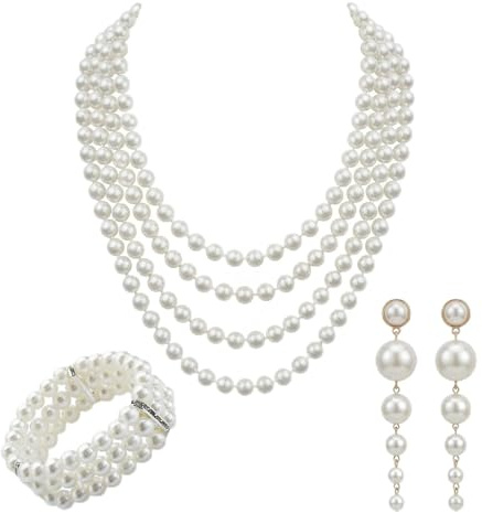 UJBVCX 3 Stück Perlen Set mit langen Ohrringen 3 Reihiges Stretch Perlenarmband 1920er Perlenkette 1920er Accessoires Perlen Schmuck Set für Damen für Party Abschlussball Hochzeit Festival