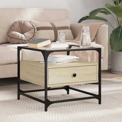 Tonture Couchtisch mit Glasplatte, Sonoma-Eiche, 50x50x45 cm, robuster Stahlrahmen, moderner Beistelltisch für Wohnzimmer, langlebige Holzwerkstoffe