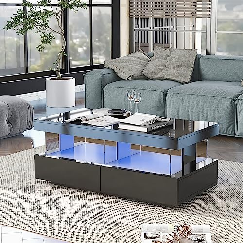 HaoChrymec Moderne Couchtisch Sofatisch, Hochglanz-Teetisch mit Langlebiger, Kratzfester Tischplatte, 2 Schubladen, Praktisch für Wohnzimmer, Schwarz, 100 x 60 x 49.5 cm