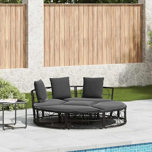 IBUQDDV Outdoor-Loungebett ohne Dach Schwarz Poly Rattan mit Kissen, Modulares Gartenmöbel Set, Bequemes PE Rattan Sofa für Terrasse und Balkon, Wetterbeständige Lounge Sitzgruppe