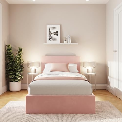 GFW End Lift Single Pink Upholstered Fabric Ottoman Bed Frame, Storage Bed with Hydraulic Lift and Stitched Headboard