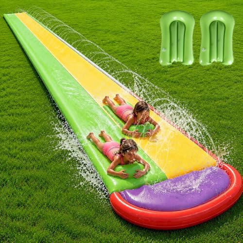 KUWUNG Double Lane Slip and Slide, Water Slide for Garden with 2 Bodyboard, Build in Sprinkler, Slip n Slides for Backyard Outdoor Water Fun for Kids Adults, Summer Water Toy (480×140cm)