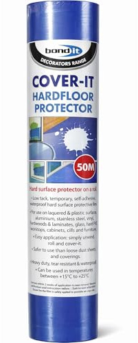 Bond It Cover-It Hard Floor Protector Roll 600mm x 50m – Self Adhesive Floor Protection Film, Waterproof Temporary Surface Cover for Decorating, Building & Renovation Projects