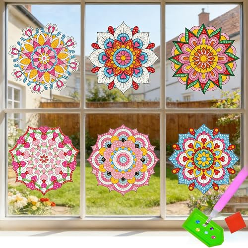 MINGZE 6 Stück Diamond Painting Fensterbilder, DIY Fensterkunst Bastelset Geschenk Mädchen 6 7 8 9 Jahre, 5D Mandala Suncatcher Bastelsets für Kinder Kreative Malspaß & Bastelspaß
