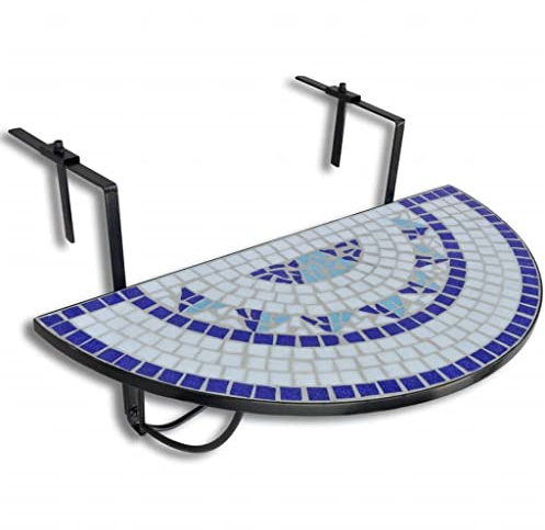 PTUGUOF Klapptisch Balkon halbrund, Keramik-Mosaik Blau und Weiß, Balkonhängetisch für Geländer bis 18 cm, klappbarer Balkontisch für Getränke und Snacks