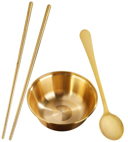 CAXUSD Juego de Vajilla de Latón con Cuenco Reutilizable, Palillos y Cuchara, Set de 3 Piezas para Servir Ensaladas y Sopa, Adecuado para Hogar, Restaurante y Uso Diario, Utensilios