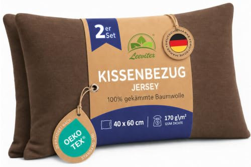 leevitex Kissenbezug 40x60cm - 2er Set - Schokobraun - 100% Baumwolle Jersey | Öko-Tex Zertifiziert · Nackenkissenbezug · Kopfkissenbezug & Kissenhülle · verdeckter Reißverschluss · 170 g/m²