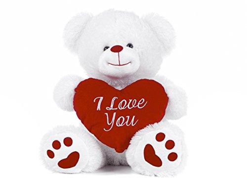 Paws White Teddy Bear holding Red Heart with I Love You written on it (White, 17.5)